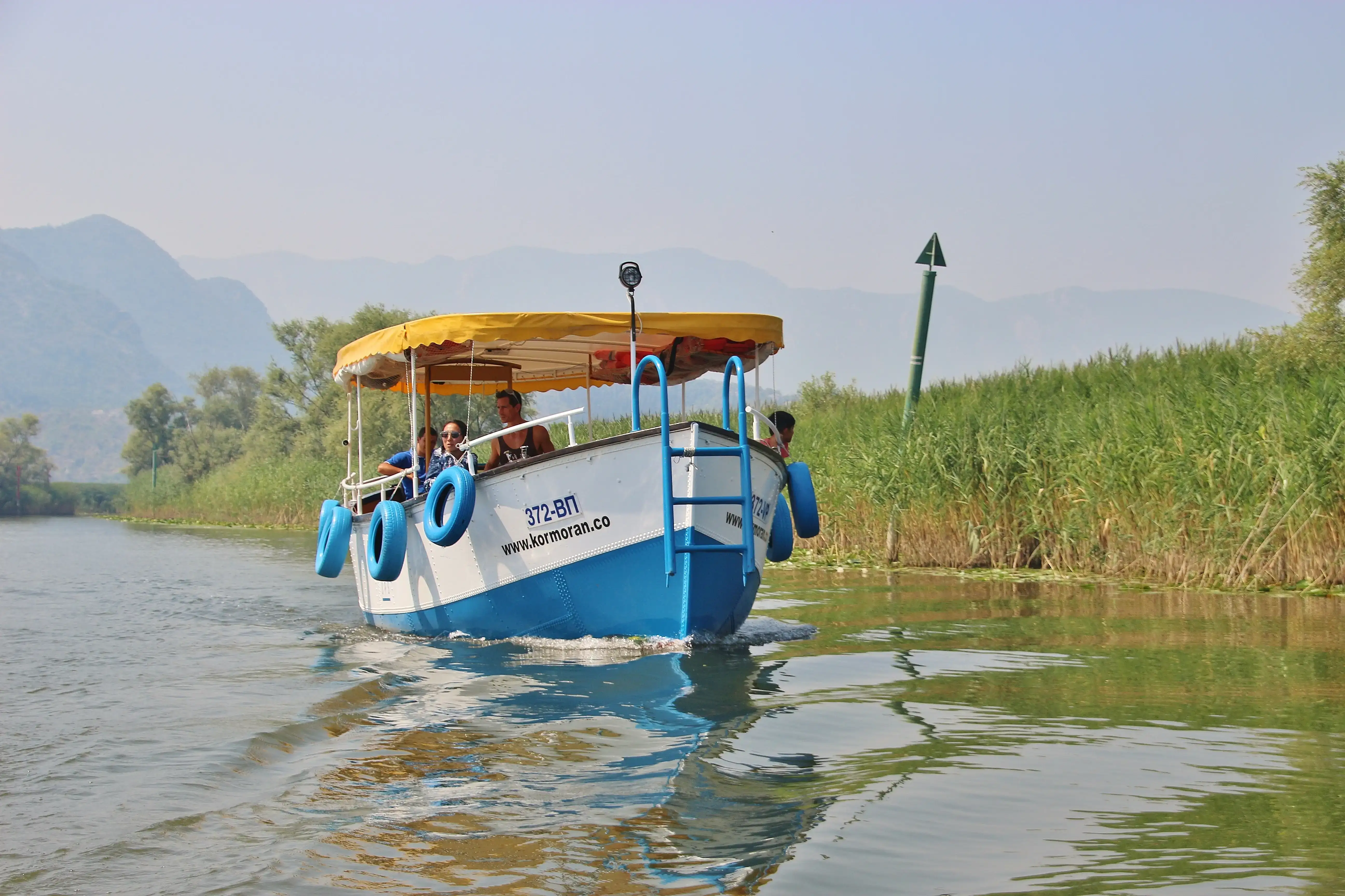 Local guide steering a wooden boat past reed beds on Skadar Lake